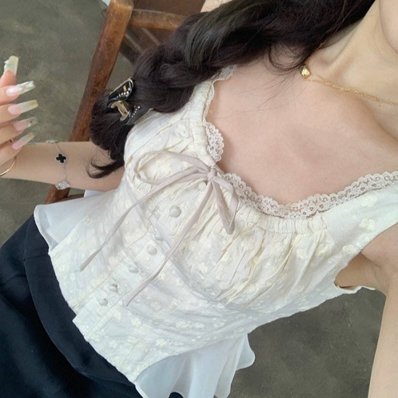 清纯小白花 蕾丝收腰无袖上衣显瘦花边纯欲风甜妹背心女|undefined