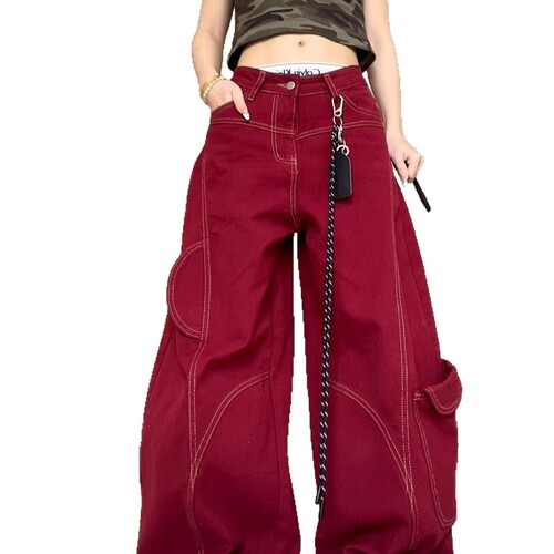 American retro red machete jeans for women, deconstructed open-line design, loose casual wide-leg mop long pants