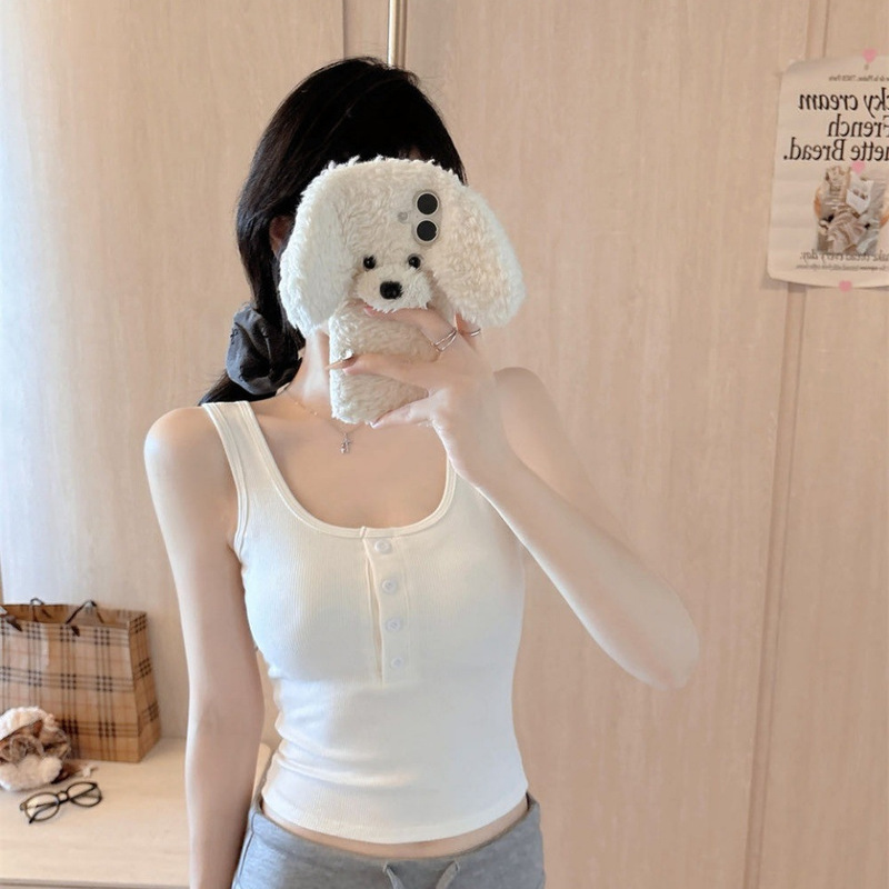 8817 # Autumn and Winter New Style Brushed Wide Shoulder Strap Vest Slim Fit Versatile Button Design Fixed Belt Chest Pad Top for Women 8817 # Autumn and Winter New Style Brushed Wide Shoulder Strap Vest Slim Fit Versatile Button Design Fixed Belt Chest Pad Top for Women