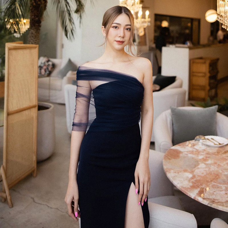 European and American Cross-Border 2025 Summer Satin Slit Semi-Sheer Sexy Off-Shoulder Cocktail Dress Trendy