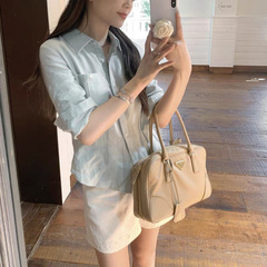 AHY 1朝雾蓝100亚麻通勤简约经典正肩收腰可系带五分袖白衬衫女