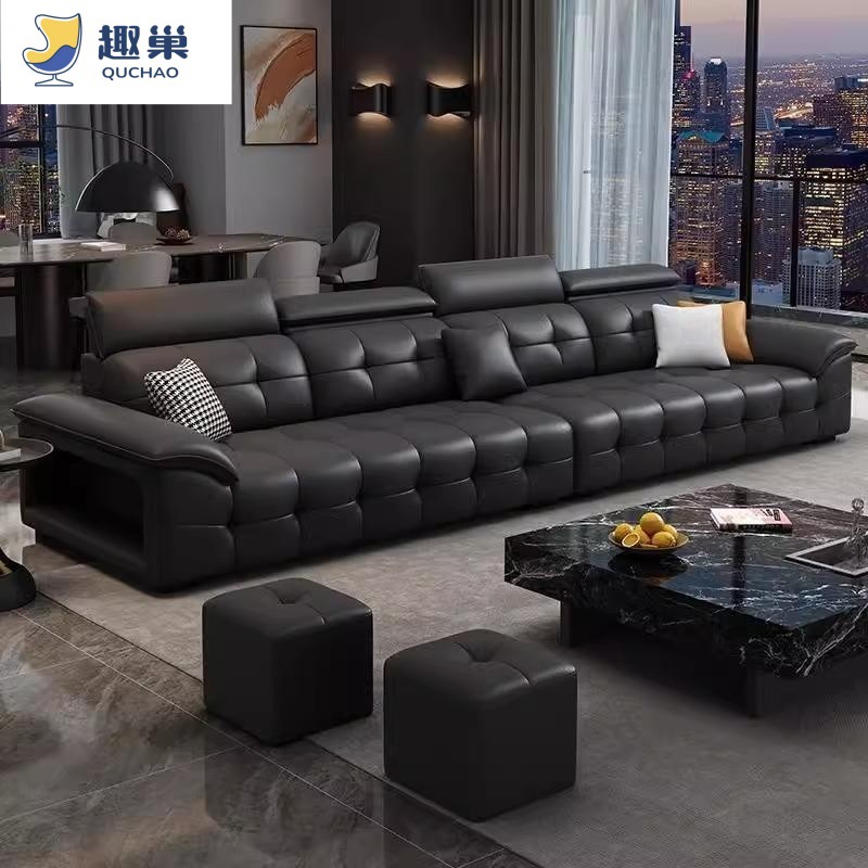Italian-Style Minimalist Lawrence Genuine Leather Sofa for Living Room, High-End Luxury Straight-Row Adjustable Sofa for Small Apartments, Large Black Leather Sofa