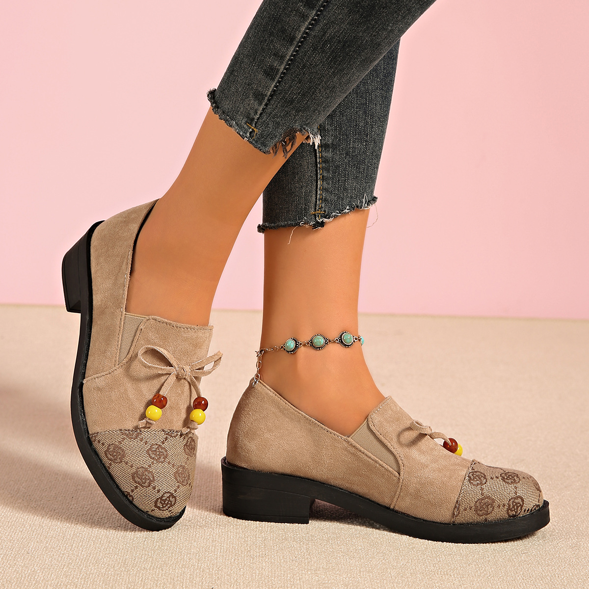 Color Block Women's Suede Loafers British Style Bow Chunky Heel Casual Single Shoes with Small Plum Blossom Design_voghion.com