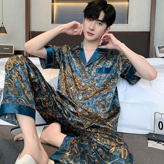 Pajamas Men's Summer Ice Silk Short-sleeved Trousers Thin Men's Outwear 2024 Light Luxury Home Silk Suit