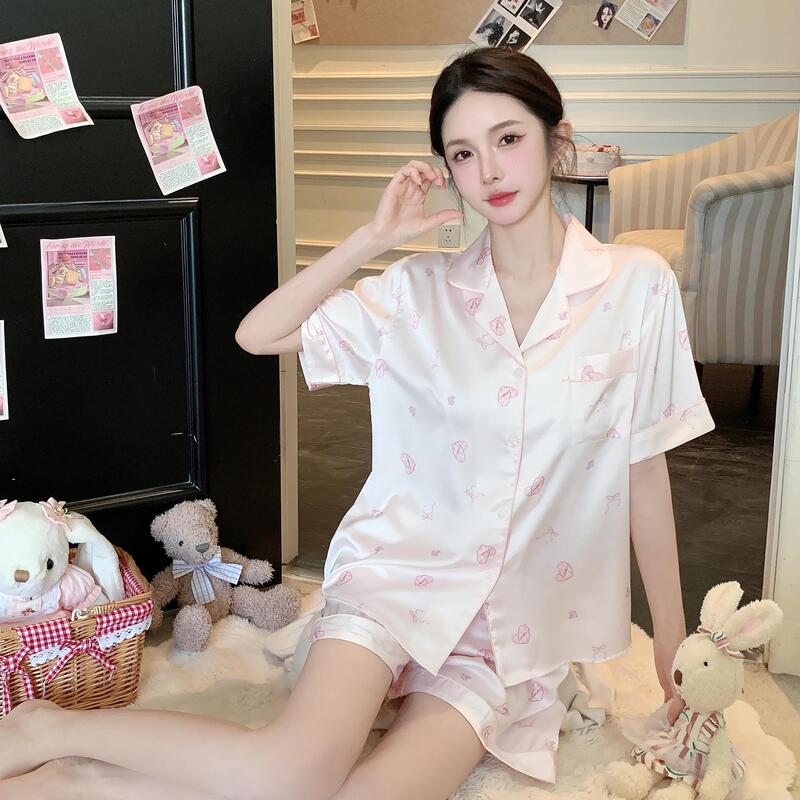 Summer Women's Suit, Short-Sleeved Shorts, Silk Home Clothes, Cool Pajamas That Can Be Worn Outside, Simple Large-Size Ice Silk Pajamas Summer Women's Suit, Short-Sleeved Shorts, Silk Home Clothes, Cool Pajamas That Can Be Worn Outside, Simple Large-Size Ice Silk Pajamas