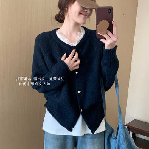 Small Size Lace Edge V-Neck Short-Sleeve T-Shirt for Women - Summer New Arrival Korean Style Design-Focused Loose and Versatile Solid Color Top