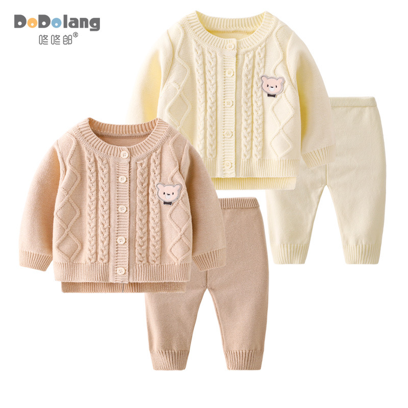 Spring and Autumn Solid Color Twist Baby Knitted Cardigan suit Wholesale Casual Cotton Baby Sweater suit