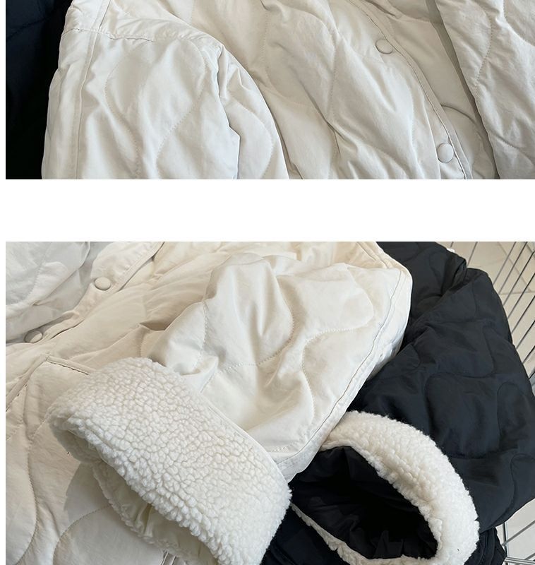 Collarless lamb wool splicing light and thin winter Korean version loose small fragrant dia plaid warm cotton jacket_voghion.com