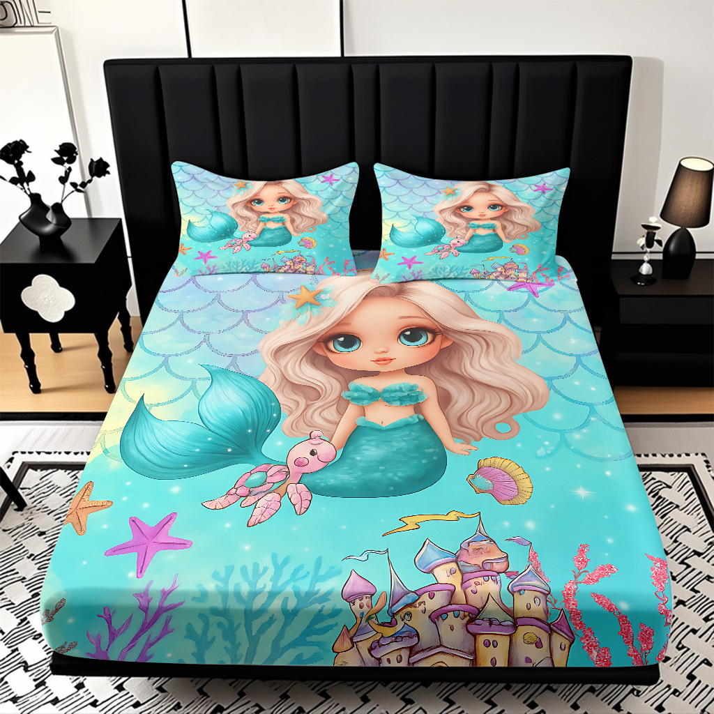 JIT modo Temu 3D impresión de caricatura sirena cama textil casera camisa ropa de cama tres piezas set transfronterizo mayorista