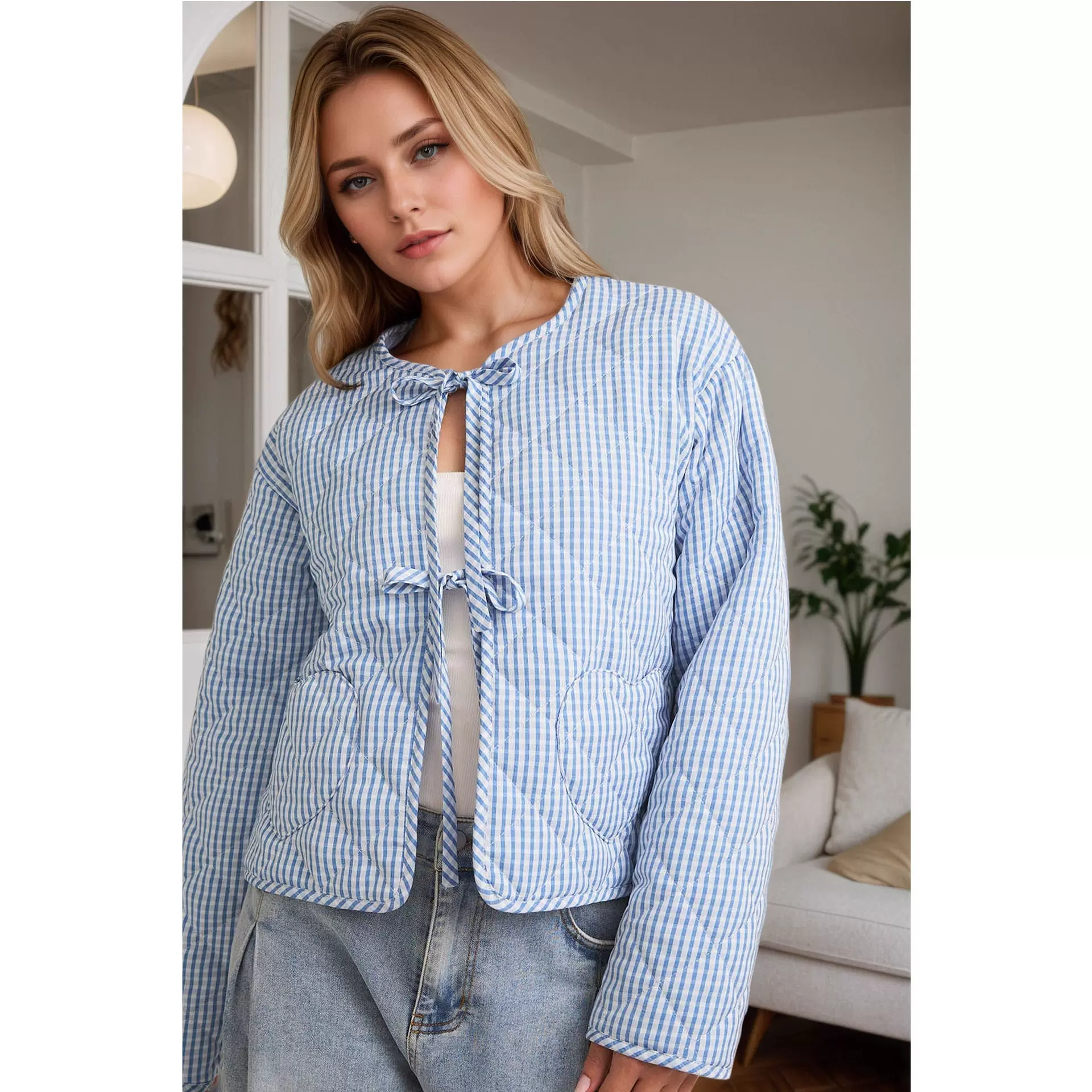 欧美跨境潮流格纹女装2025冬季新款系带设计配爱心型口袋棉衣外套