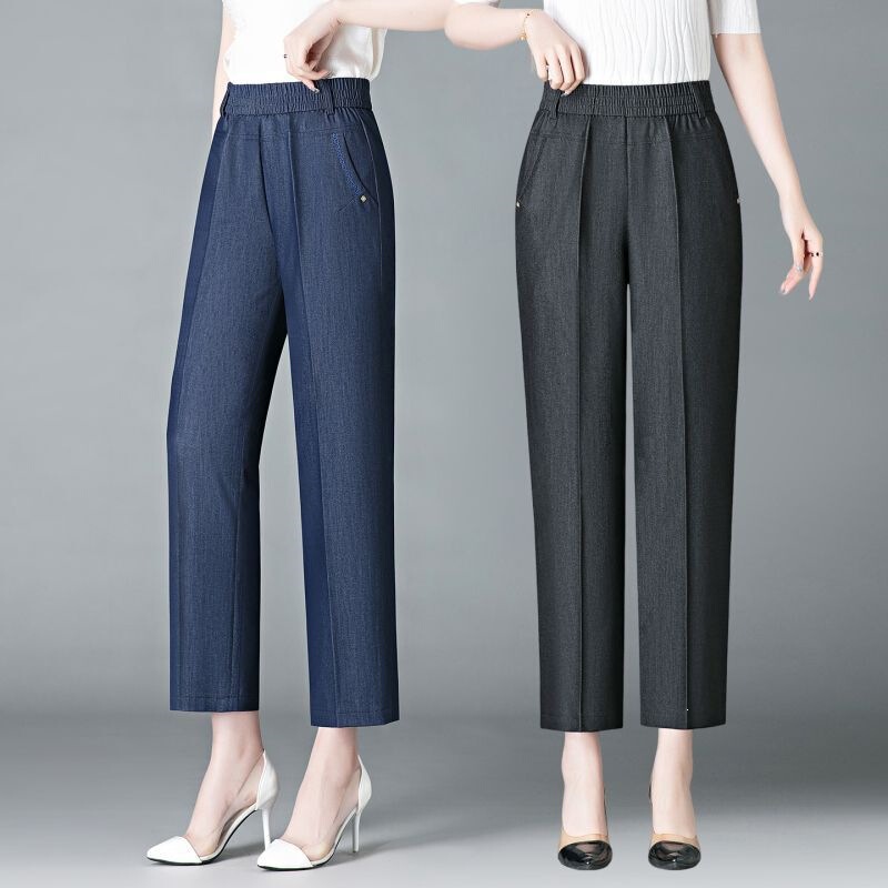Tencel Jeans for Women, Summer Thin Style, Loose Casual Cropped Pants, New Model for Middle-Aged and Elderly Moms, Straight-Leg, Plus Size Tencel Jeans for Women, Summer Thin Style, Loose Casual Cropped Pants, New Model for Middle-Aged and Elderly Moms, Straight-Leg, Plus Size