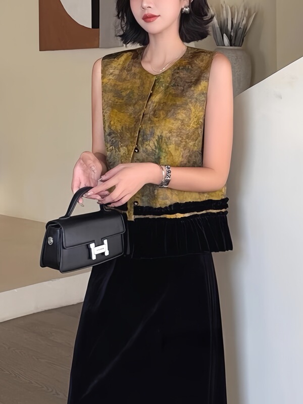 新中式高级感拼接丝绒马甲2025秋季新款复古气质减龄宽松遮肉上衣|undefined