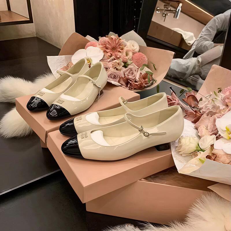 Sheepskin Version~Grape Ma Windsor Manor Color-Blocked Buckle Strap Shallow Low-Heeled Mary Jane Shoes for Women's Commuting