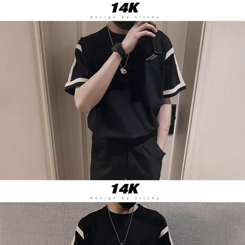 Plus-size men's trendy brand half-sleeve T-shirt for larger builds, featuring a loose fit, extended sizing, and eye-catching contrast-colored woven straps.