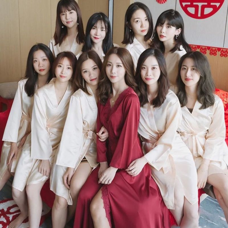 Bride and bridesmaid group morning robe, wedding makeup, birthday, girlfriends' party, red nightgown, long-sleeved wedding pajamas, cross-border