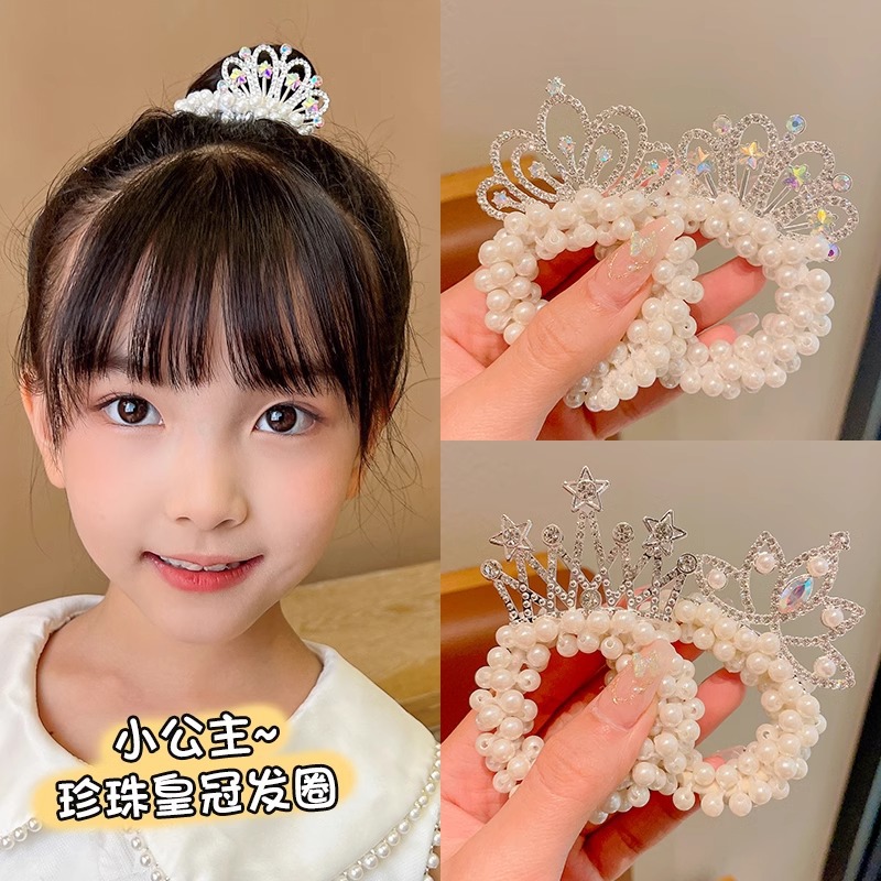Cuerda de pelo de princesa para niños Super Fairy Girl Pearl Crown hair Ring tie Ball Head accesorios para el cabello Girl Crown hair rope tocado