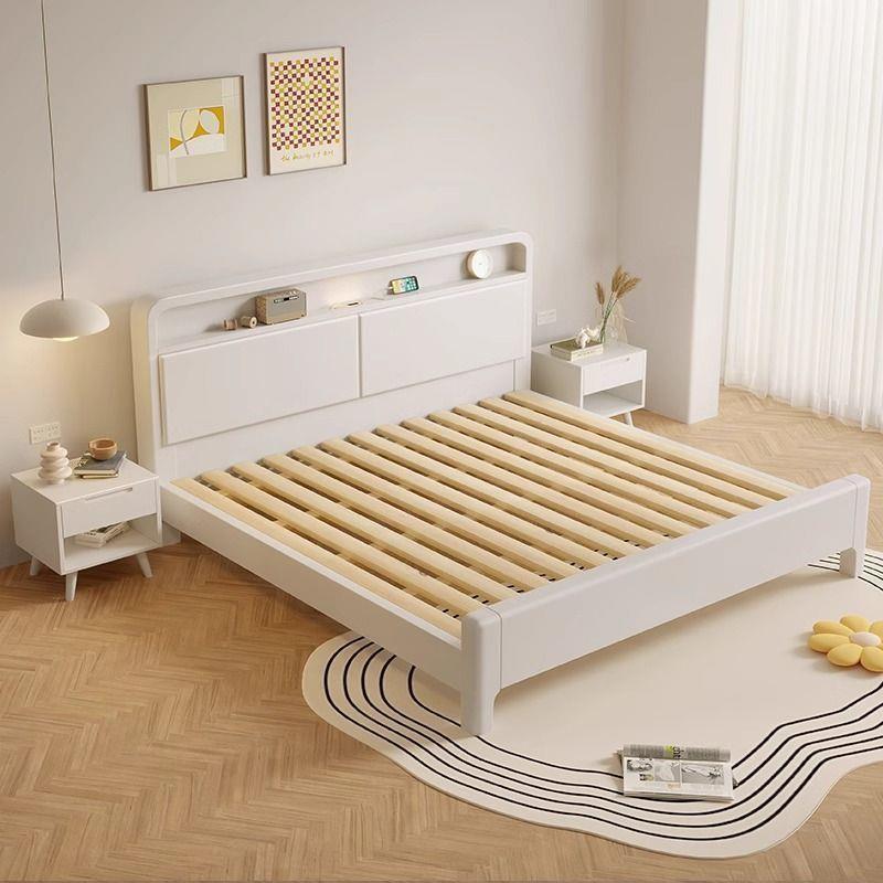 Cama de madera sólida blanca nórdica simple moderna crema 1.8 doble cama principal 1.2m cama individual pequeña cama de almacenamiento