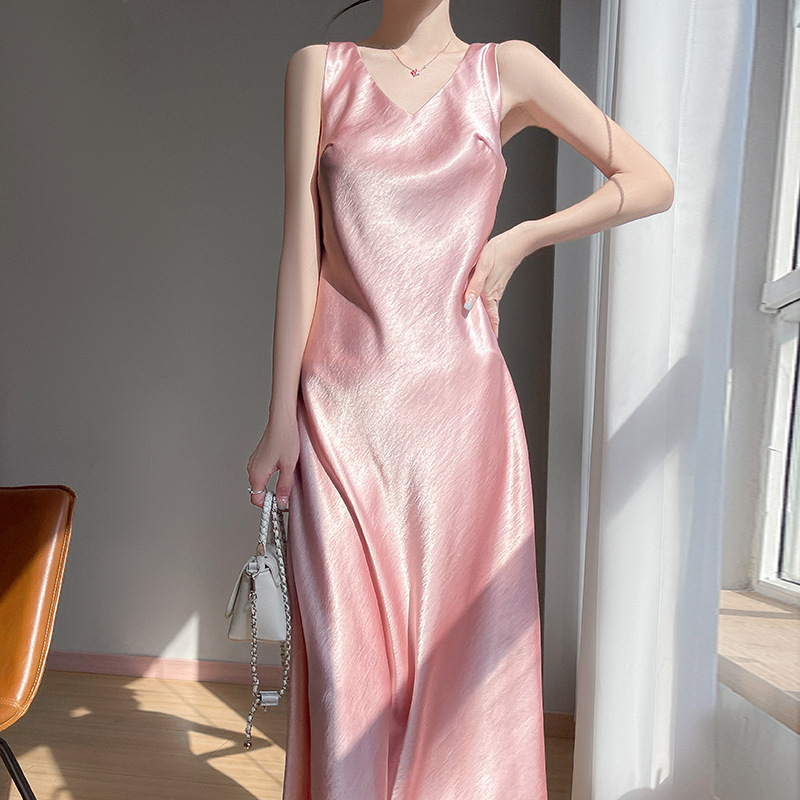 Acetate Satin Suspender Dress for Women Summer New Style French Style Slimming Look Inner Pure Color Wide Shoulder Long Skirt