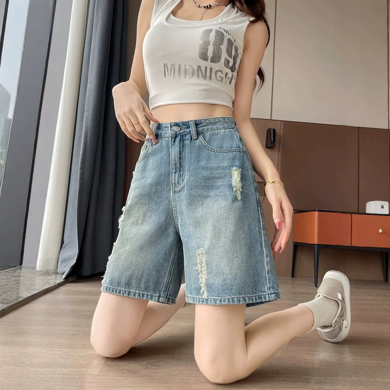 American-Style Ripped Blue Denim Shorts for Women, 2026 Summer New High-Waisted Straight-Leg Frayed Hem Casual Mid-Length Shorts American-Style Ripped Blue Denim Shorts for Women, 2026 Summer New High-Waisted Straight-Leg Frayed Hem Casual Mid-Length Shorts