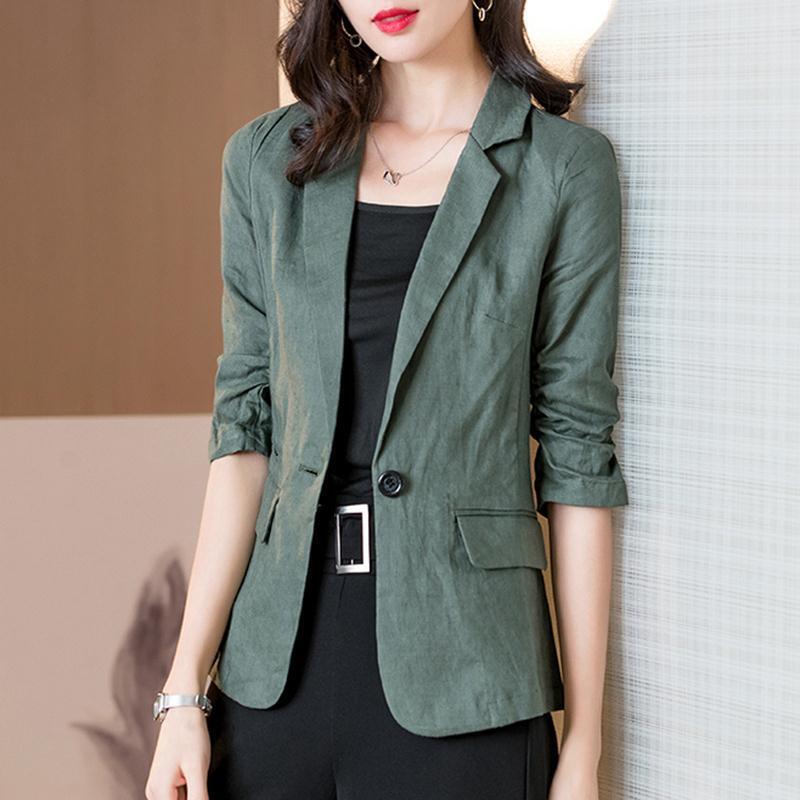 Green Linen Small Suit Jacket Women's Spring and Summer 2024 New plus size Casual Slim Fit Cotton Linen Suit Top Summer
