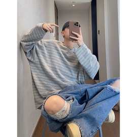 韩系简约撞色条纹长袖体恤男春秋薄款慵懒风cleanfit宽松圆领上衣
