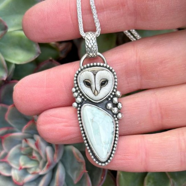 亚马逊新款 复古风动物猫头鹰个性吊坠 镶嵌松石合金项链批发