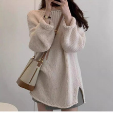 洋气加厚秋冬新款羊毛衫女宽松中长款落肩粗针毛衣一字领羊绒打底
