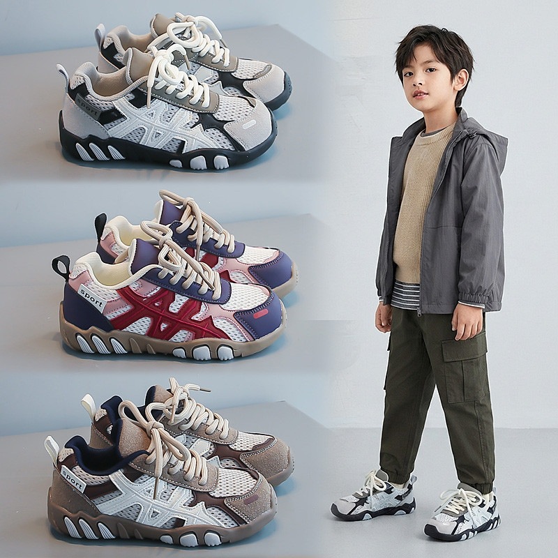 Children's sports shoes for spring and autumn, girls' breathable mesh casual shoes with Velcro, lightweight and versatile, boys' German training shoes, children's shoes