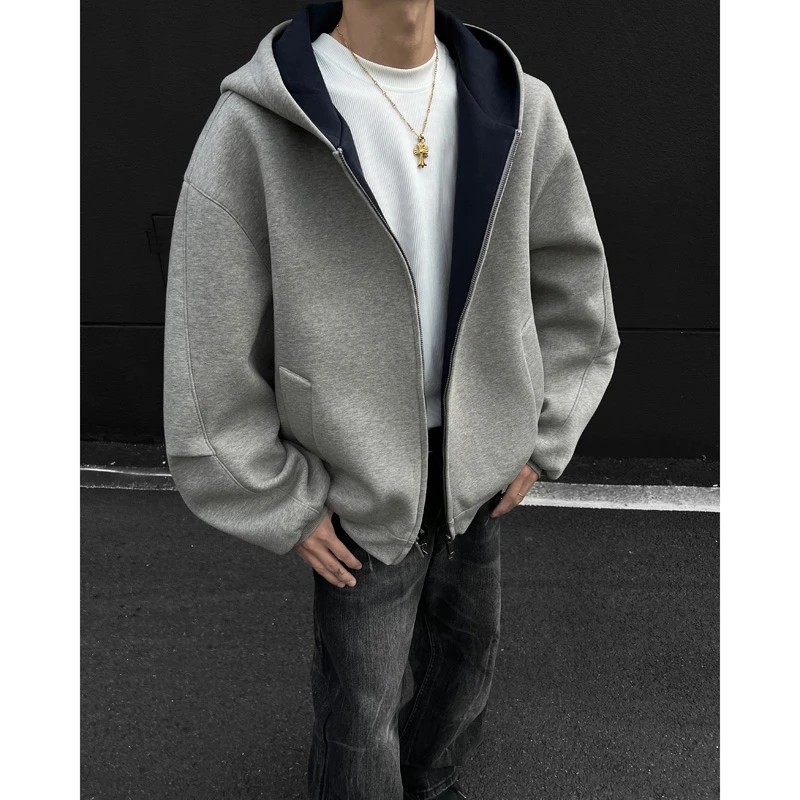 Suéter de rebeca con capucha corta con doble cremallera súper gruesa de todo fósforo para hombres y mujeres de perfil de moda chaqueta casual casual