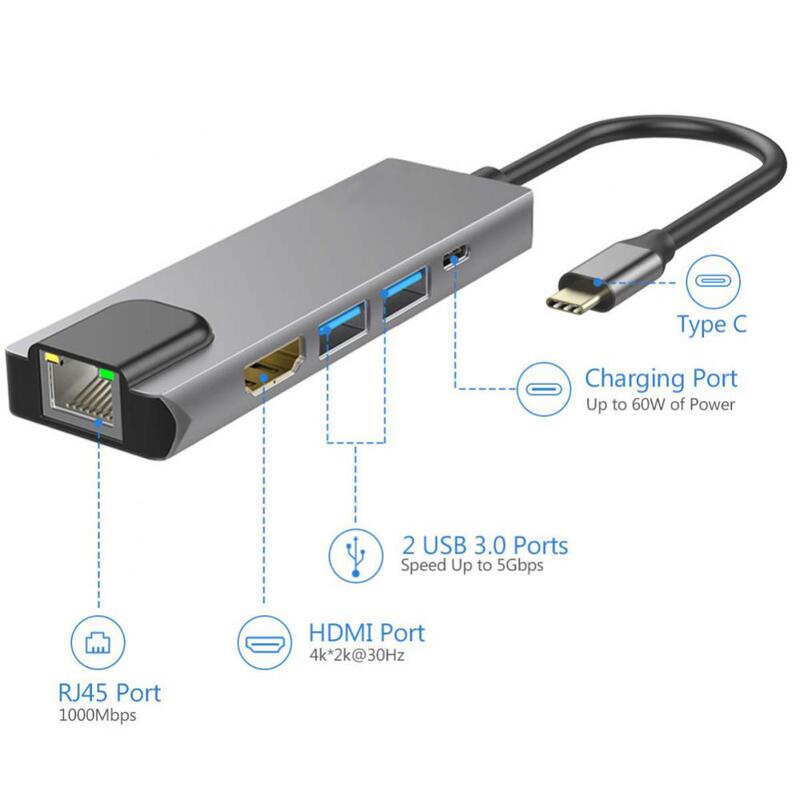 Cross-border Type-C docking station 5 in 1 USB3.0 HUB notebook docking station with gigabit port HDMI