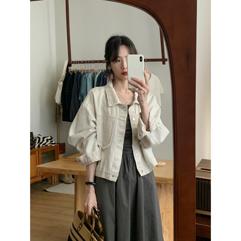 creamy-white Casual Denim Coat Women's 2024 Spring and Autumn New Korean Style Design Tassel Small Jacket Top