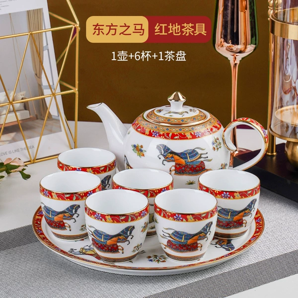 Red Oriental Horse-[6 cups, 1 pot, 1 tea tray]