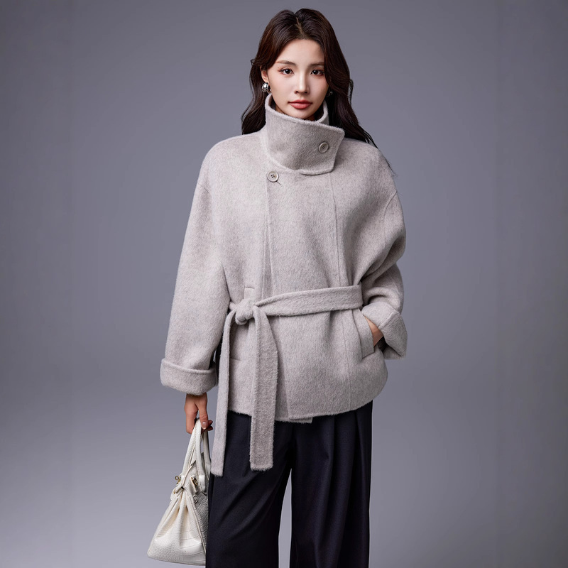 Yak Wool 2026 New Style Stand Collar Elegant Loose Coat with Double-Sided Large Lapel and Tie, High Collar Mid-Length Style Yak Wool 2026 New Style Stand Collar Elegant Loose Coat with Double-Sided Large Lapel and Tie, High Collar Mid-Length Style