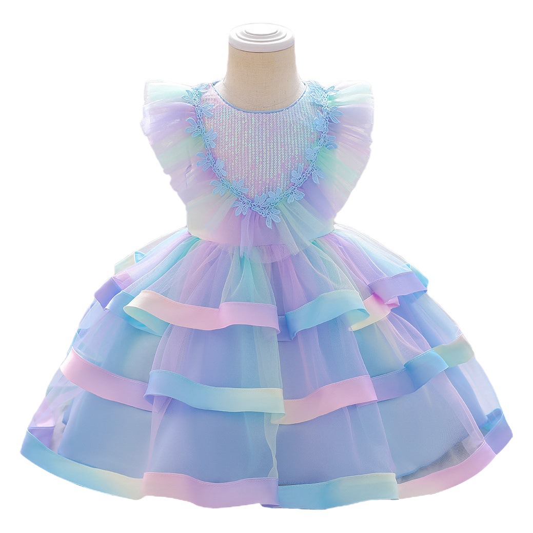 Vestido infantil nuevo 2026 con lentejuelas, falda de pastel multicolor en capas, tul abullonado, vestido de primer cumpleaños, disfraz infantil para actuación.