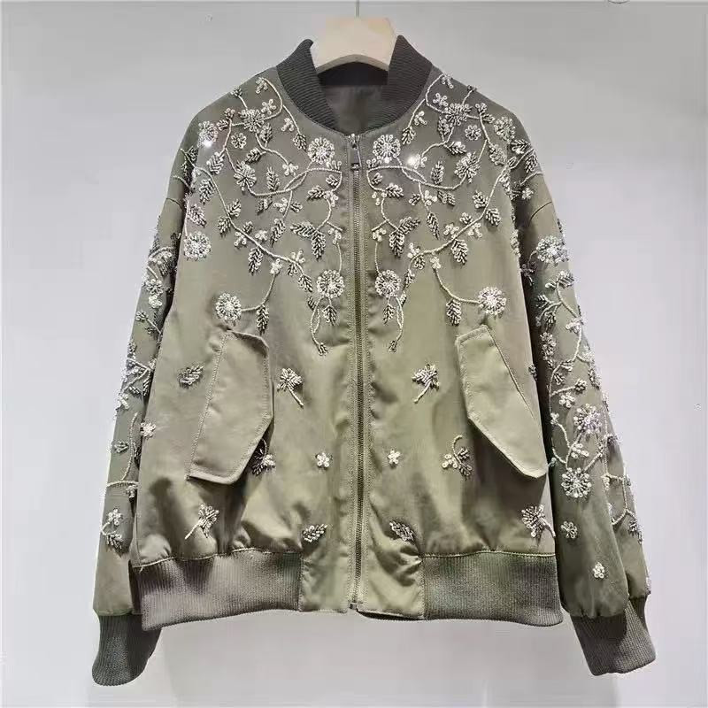 Chaqueta de Béisbol con Bordados para Mujer y Detalles de Cuentas