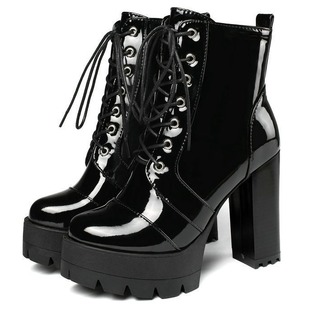 Autumn and Winter Super High Heel Ankle Boots Women's Round Toe Thick Heel Platform Lace-up Martin Boots Patent Leather High Heel Boots Martin Boots
