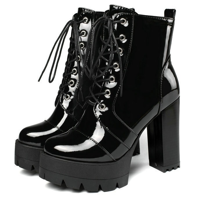 Autumn and Winter Women's Short Boots with Round Toe, Chunky Heel, Waterproof Platform, Lace-Up, Patent Leather High-Heeled Boots, Martin Boots Autumn and Winter Women's Short Boots with Round Toe, Chunky Heel, Waterproof Platform, Lace-Up, Patent Leather High-Heeled Boots, Martin Boots