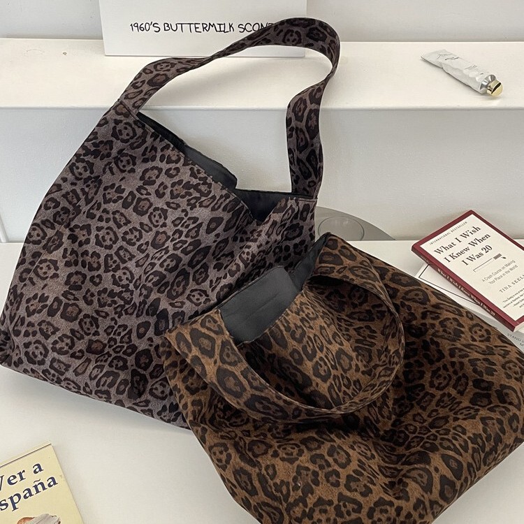 59172 2025 Early Autumn New Niche Design Shoulder Bag Suede Leopard Print Tote Bag Large Capacity Trendyy Women's Bag