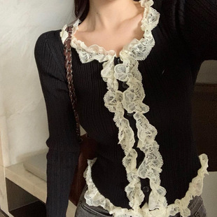 Breastfeeding Sweater Autumn and Winter V-Neck Long-Sleeved Sweater Lace Ruffled Slim-Fit Chanel Style All-Match Breastfeeding Top