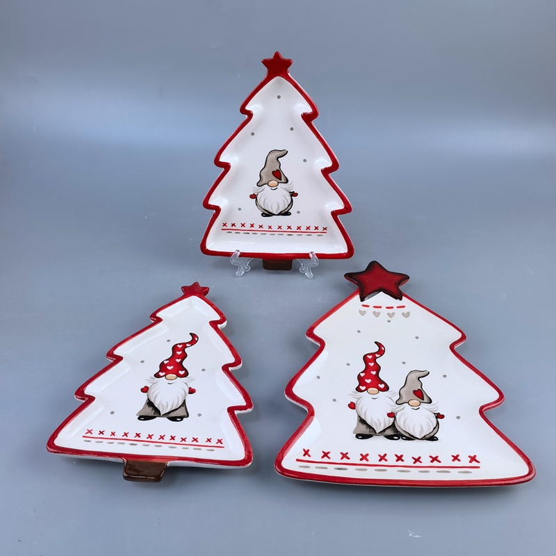 Papá Noel tridimensional pintado a mano transfronterizo pinos plato de cerámica de forma extraña plato de desayuno postre platos de bocadillos cubiertos de Navidad