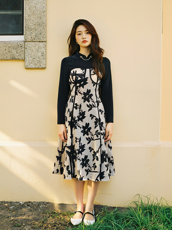 60.00 kg-150.00 kg plus size two-piece chiffon shirt suspenders dress 2025 spring and autumn new fat sister long sleeve