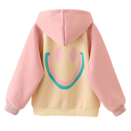 2024 Autumn and Winter Girls New Cardigan Jacket Thickened Double Layer Hooded Smiling Middle-aged Children, Primary School Students Kindergarten
