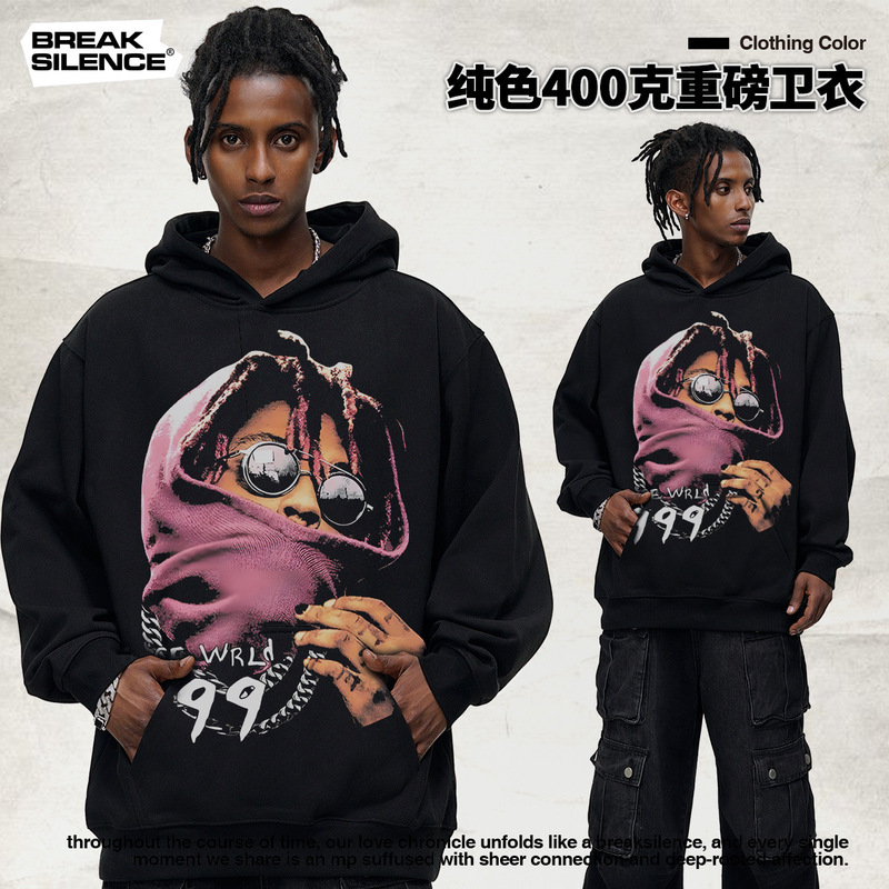 Juice wrld American Hip Hop Rapper Printed Men's and Women's Solid Color Hooded Sweats Cross-border Heavy Round Collar Fashion