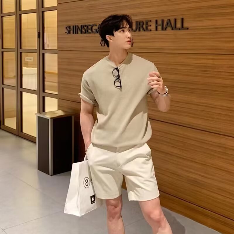 Verano nuevo camiseta de manga corta hombre de color sólido hielo cuello redondo delgado T-shirt de comercio exterior al por mayor transfronterizo