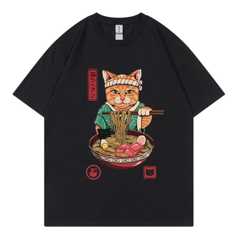 New Zhuoli station Kung Fu cat eating noodles printed t-shirt men's and women's Casual Short Sleeve round neck top_voghion.com