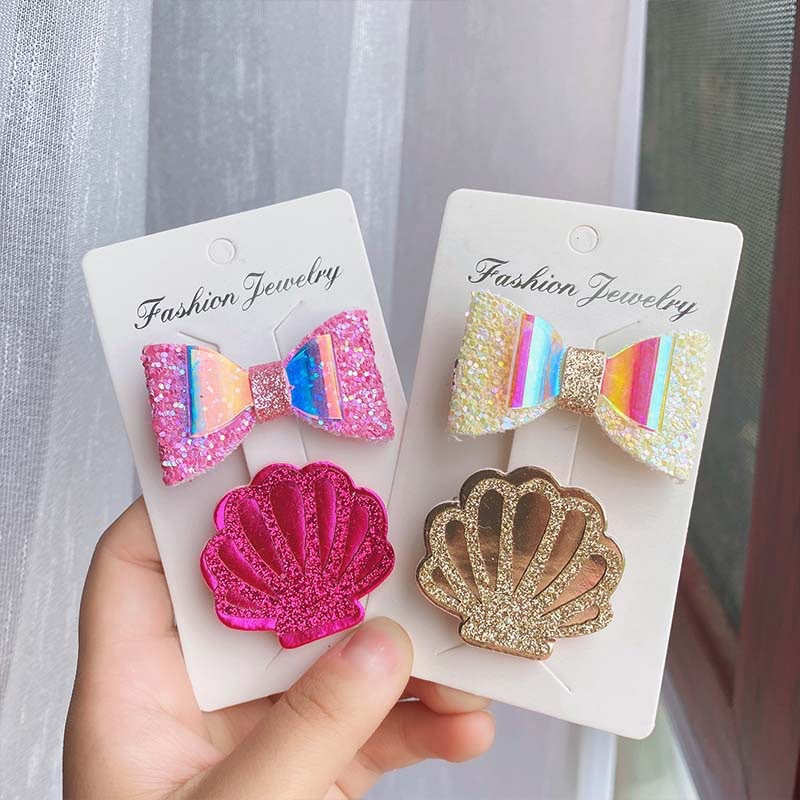 50g Weight Hair Clip Hair Accessories Type 2 Pieces Set Quantity Holiday Occasion Bow Knot, Shell Pattern Kid'S Gender Vacation Style Kid's Vacation Bow Knot Shell Cloth Hair Clip 8
