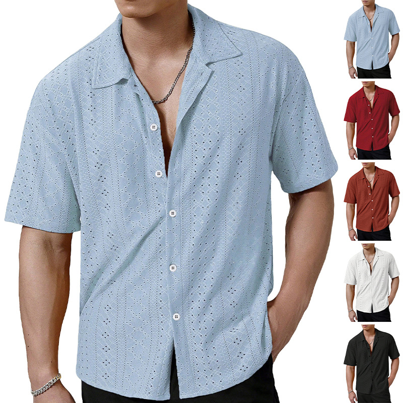 Transfronterizos de hombres Amazon verano nuevo hombre transpirable solapa camisa de manga corta de color sólido camiseta casual americana