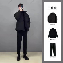 冬季新款棉服套装男士轻熟风三件套外套棉袄加绒长裤懒人搭配一套