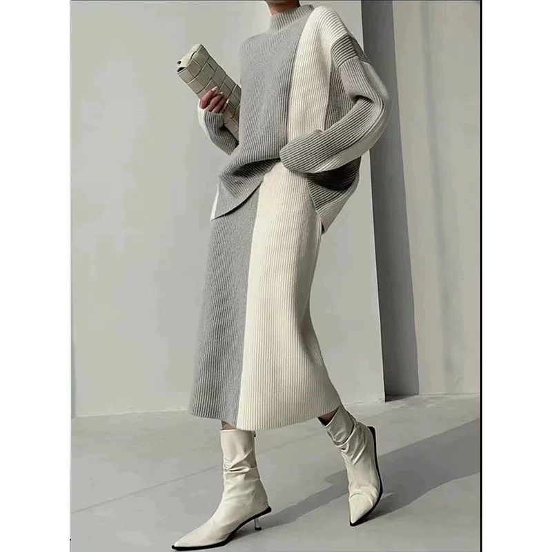 Женский костюм из двух предметов: свитер-гольф и юбка миди, осень-зима 2025, новый дизайн с контрастными цветами