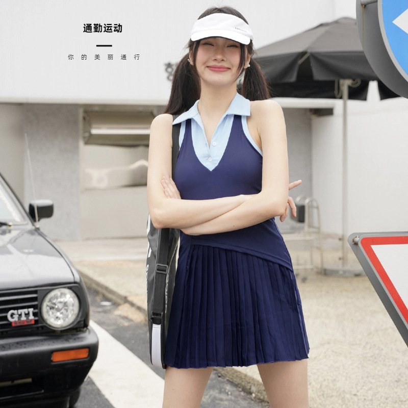 Sports-Style American-Style Nude-Feel Sports Dress, Hot Girl Tennis Sleeveless Pleated Long Skirt with Chest Pads, Casual and Versatile